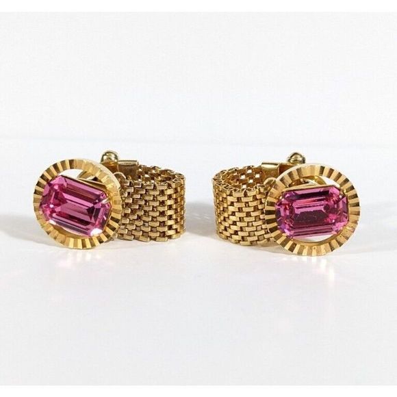 Rectangle Pink Rhinestone Round Mesh Wrap Gold Toned Cuff Links Vintage Retro - Picture 1 of 9